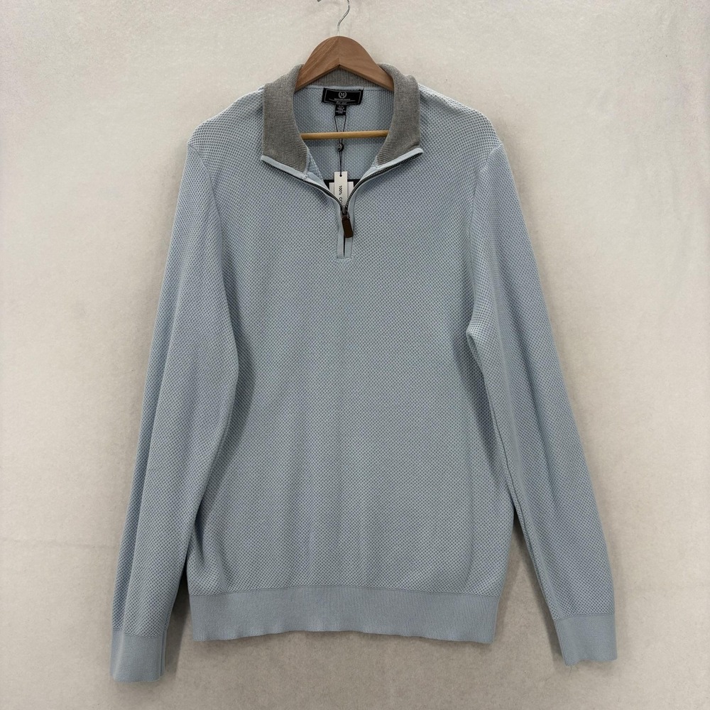 Magaschoni Sweater Mens Large Blue 100% Cotton 1/4 Zip Mock Neck Knit Pullover